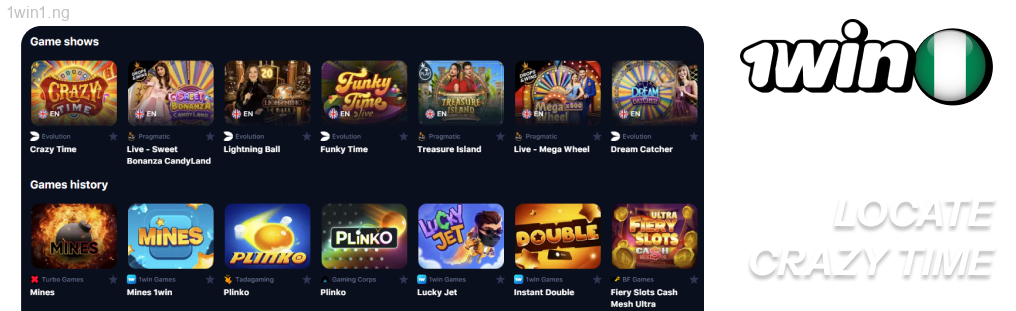 Locate Crazy Time by scrolling through the 1win live dealer games