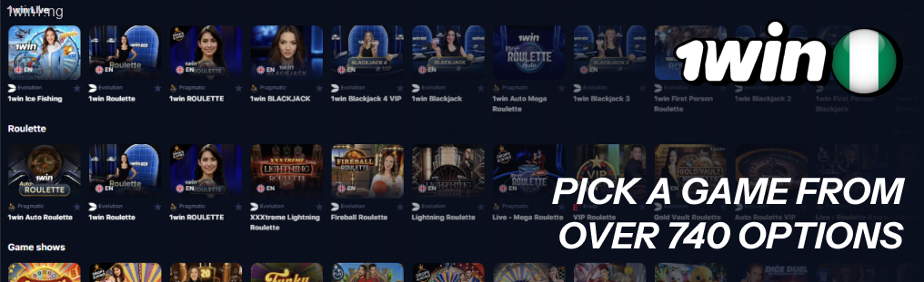 Pick a game from over 740 options 1win